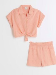 River Island Pink Girls Tie Front Linen 100% Cotton Set - Image 1 of 4