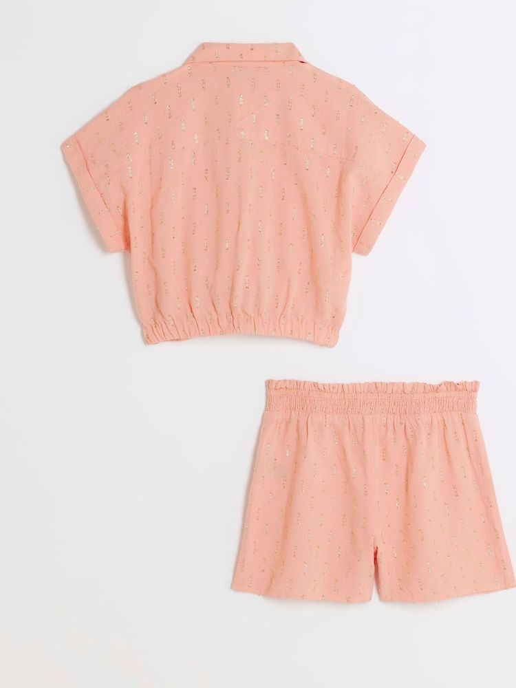 River Island Pink Girls Tie Front Linen 100% Cotton Set - Image 2 of 4