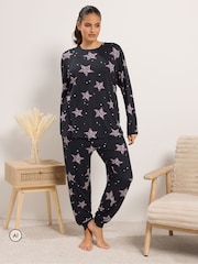 Yours Curve Black Fleece Pyjama Set - Image 1 of 9