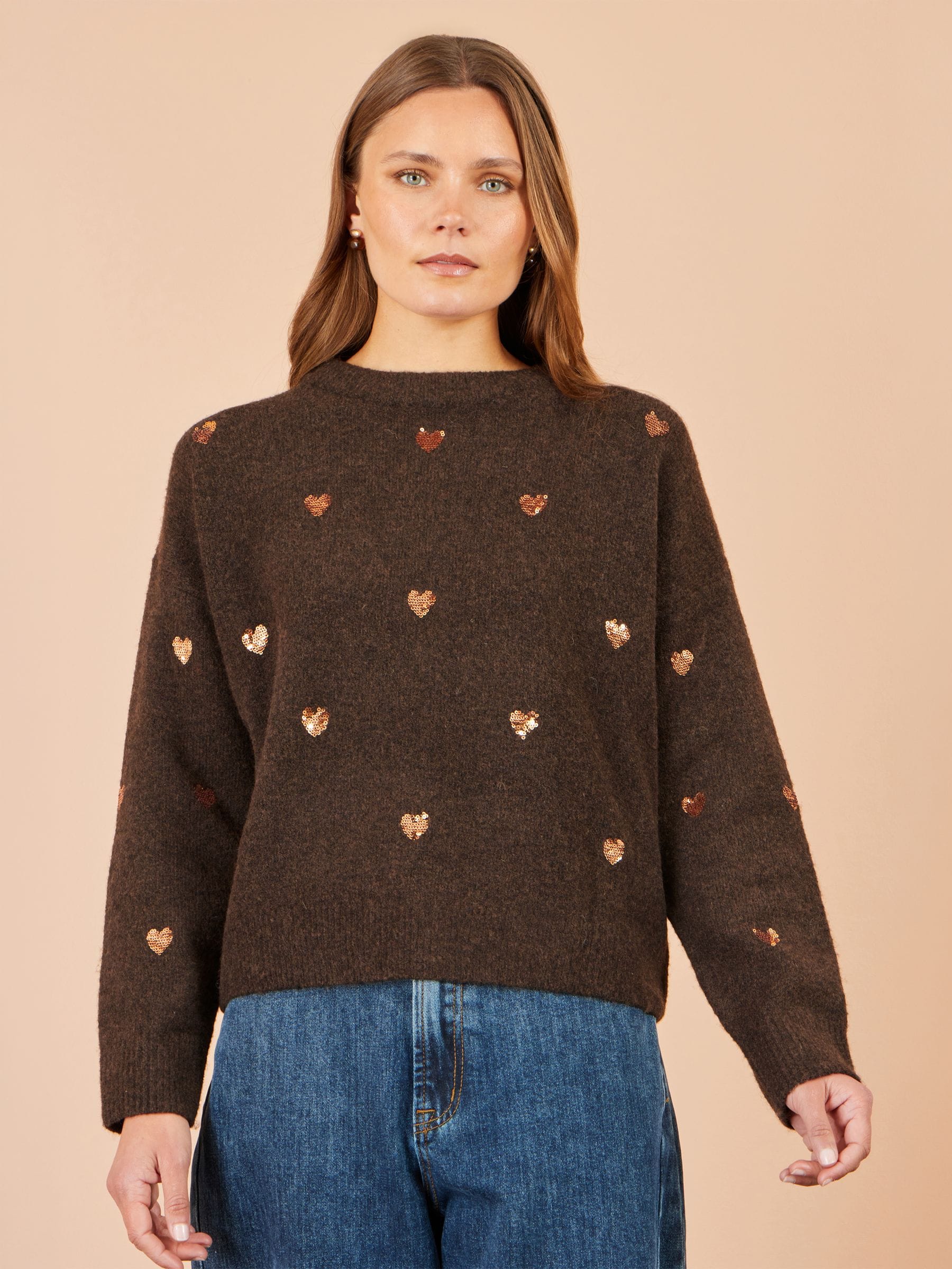 Yumi Women's Brown Sequin Heart Relaxed Jumper - Size M/L Uk - Image 2