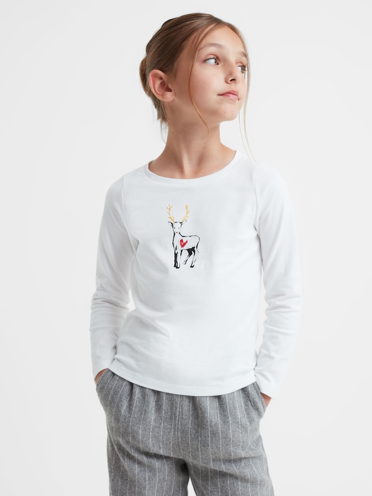 Reiss White Marli 4-9 yrs Cotton Reindeer Long Sleeve T-Shirt - Image 1 of 6 Reiss White Marli 4-9 yrs Cotton Reindeer Long Sleeve T-Shirt - Image 1 of 6