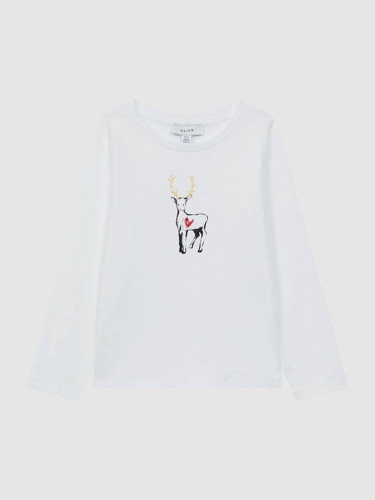 Reiss White Marli 4-9 yrs Cotton Reindeer Long Sleeve T-Shirt - Image 2 of 6 Reiss White Marli 4-9 yrs Cotton Reindeer Long Sleeve T-Shirt - Image 2 of 6