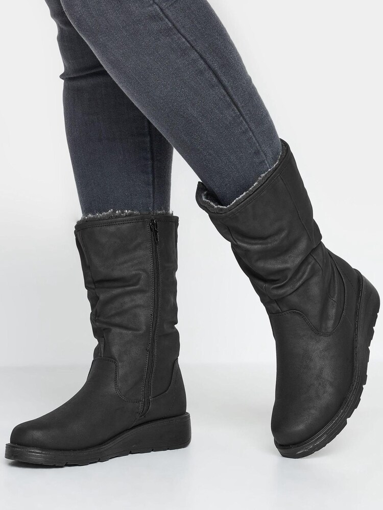 Yours Curve Black Wide Fit Faux Fur Lined Boots - Image 1 of 1