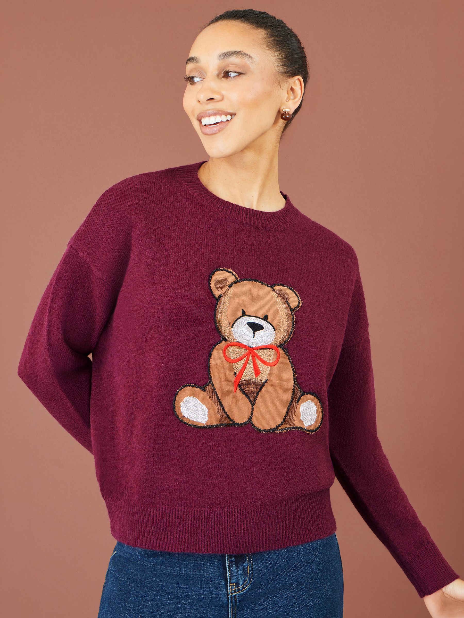 Yumi Burgundy Teddy Bear Relaxed Jumper - Image 2