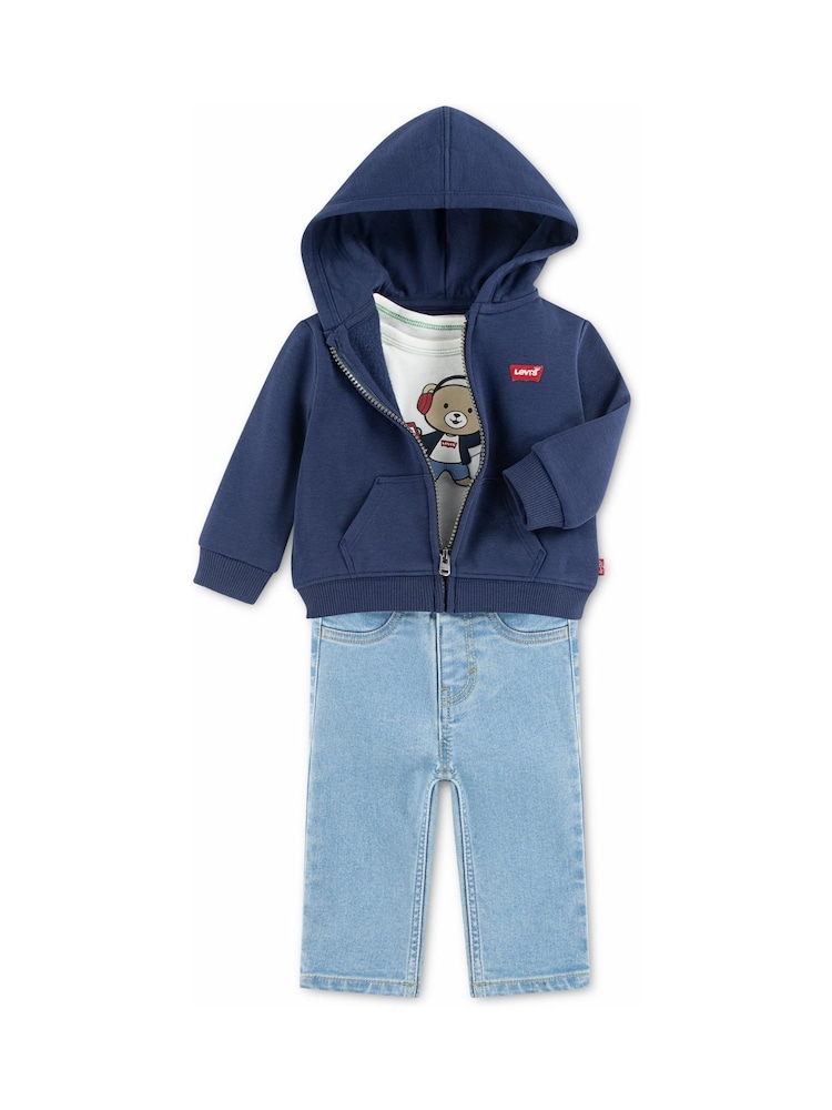 Levi's® Blue Musical Bodysuit, Hoodie and Jeans Set 3 Piece - Image 1 of 5 Levi's® Blue Musical Bodysuit, Hoodie and Jeans Set 3 Piece - Image 1 of 5