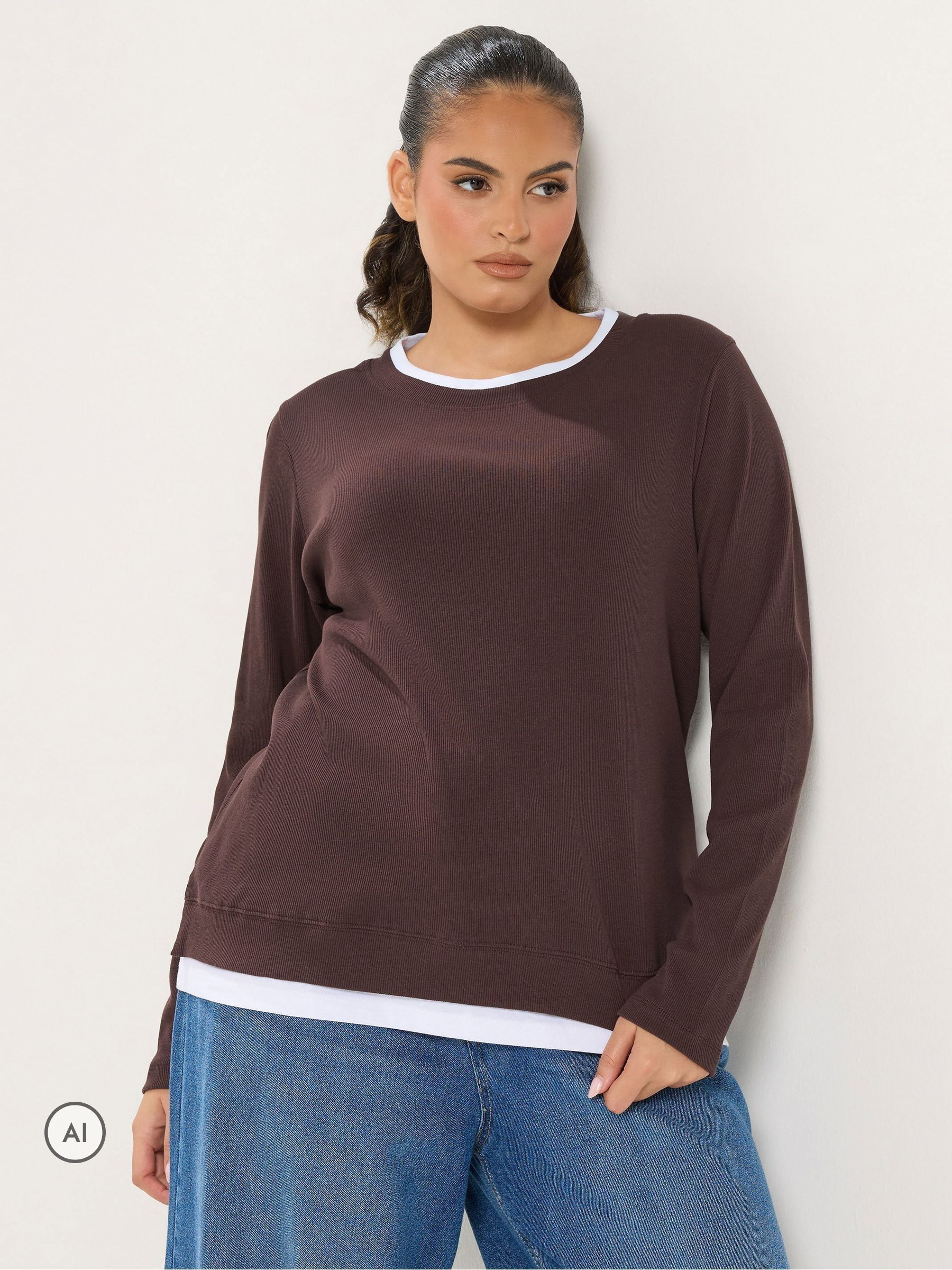 Yours Women's Chocolate 2-In-1 Long Sleeve Top In | Size: 34/36 - Image 6
