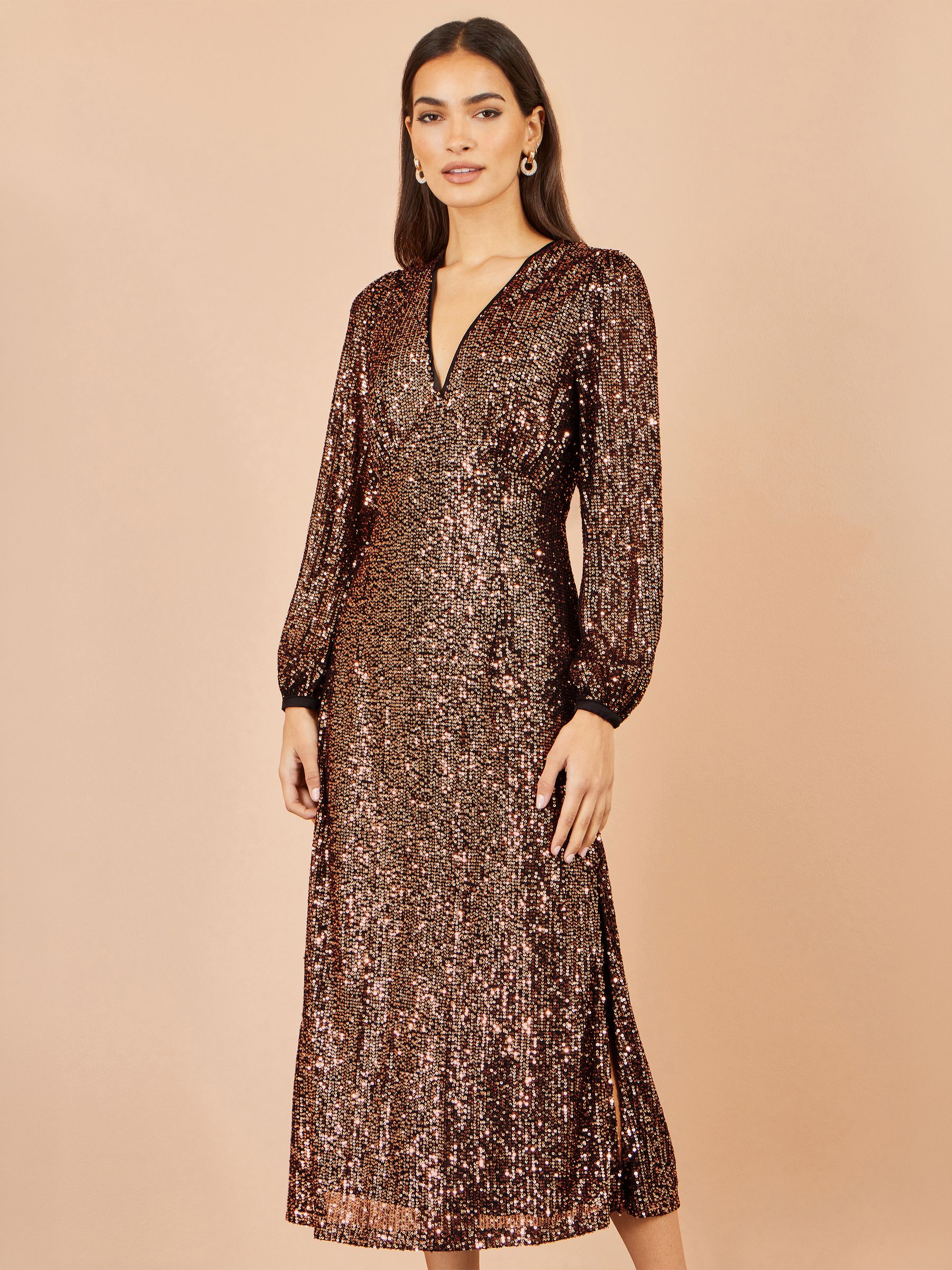 Yumi Women's Sequin Long Sleeve Midi Dress in Chocolate | Size: 16 - Image 1