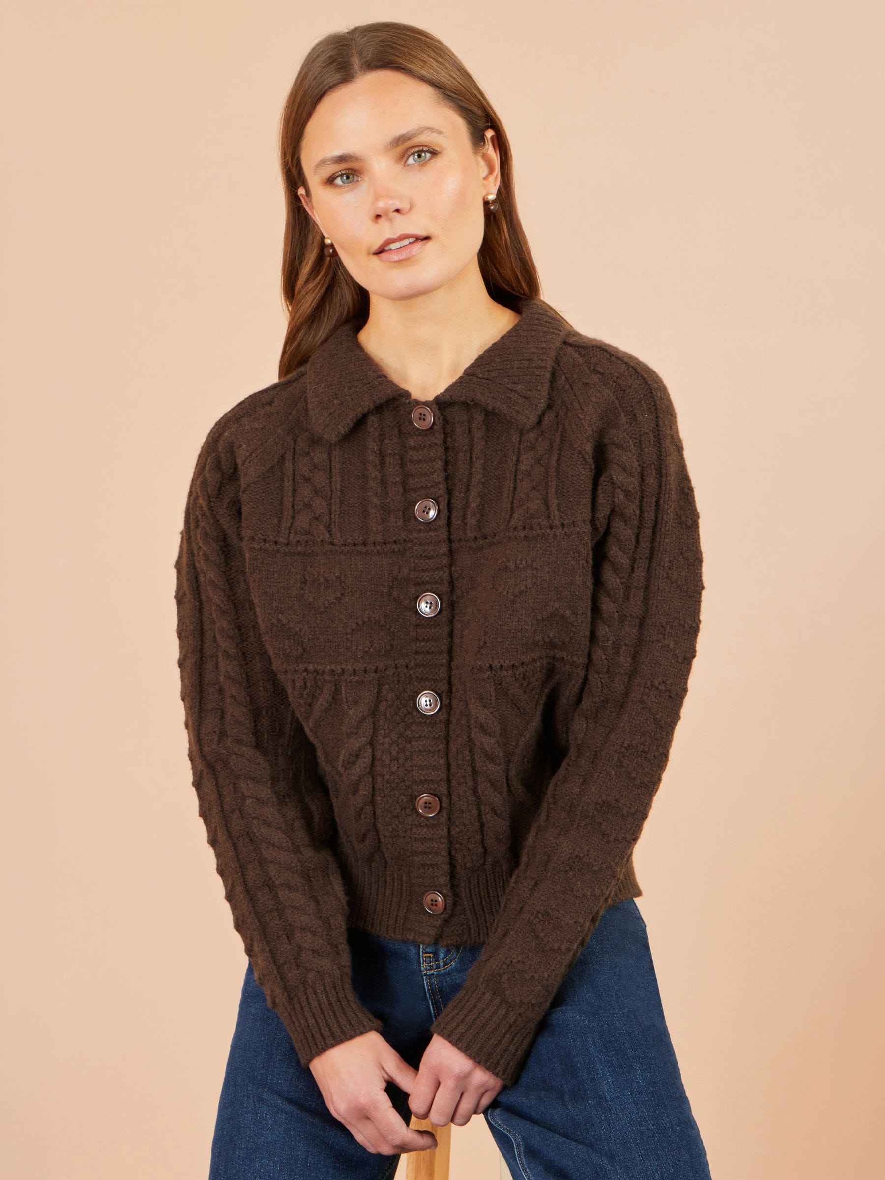 Yumi Women's Cable Knit Boxy Jacket in Chocolate | Size: Large - Image 1