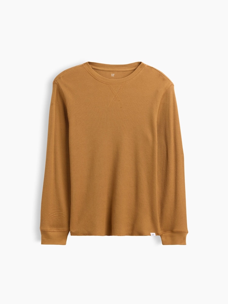 Gap Tan Brown Waffle-Knit Long Sleeve T-Shirt (4-13yrs) - Image 1 of 3 Gap Tan Brown Waffle-Knit Long Sleeve T-Shirt (4-13yrs) - Image 1 of 3