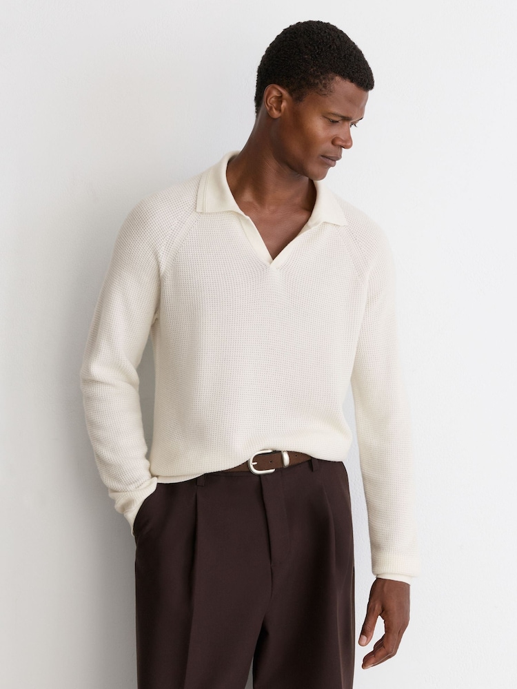Reiss White Spence Textured-Knit Open-Collar Jumper with Wool - Image 1 of 6 Reiss White Spence Textured-Knit Open-Collar Jumper with Wool - Image 1 of 6