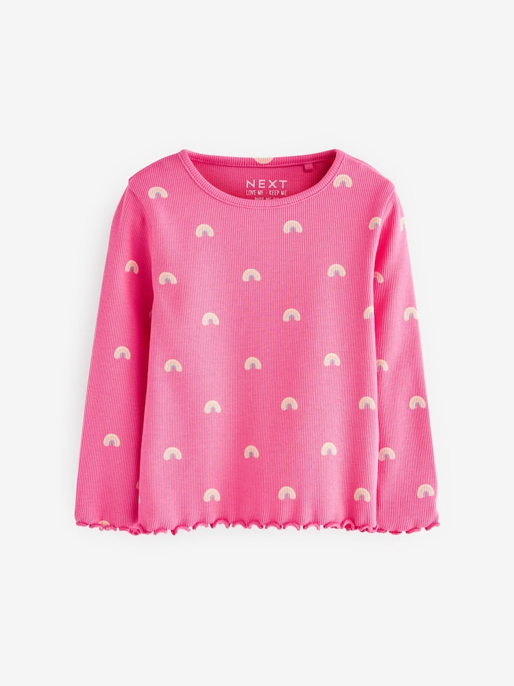 Bright Pink Rainbow Cotton Rich Long Sleeve Rib T-Shirt (3mths-7yrs) - Image 1 of 3