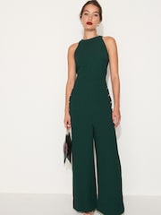 Green Button Detail Wide Leg Crepe Jumpsuit - Image 1 of 7