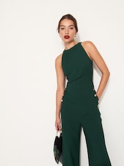 Green Button Detail Wide Leg Crepe Jumpsuit - Image 2 of 7