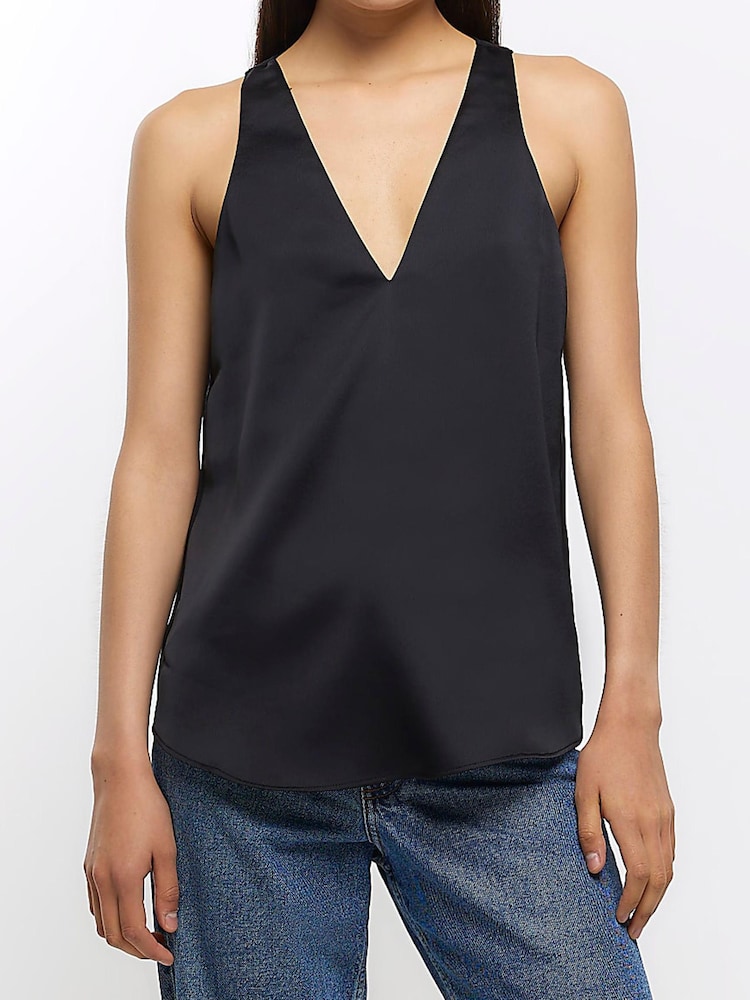 River Island V-Neck Chiffon Black Tank - Image 1 of 5
