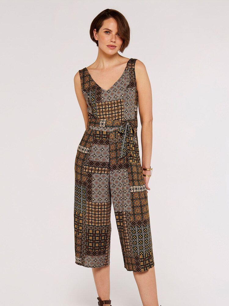 Apricot Green Multi Patchwork Tile Culotte Jumpsuit - Image 1 of 4