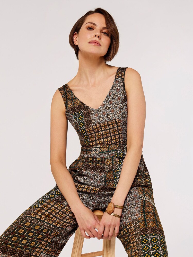 Apricot Green Multi Patchwork Tile Culotte Jumpsuit - Image 4 of 4