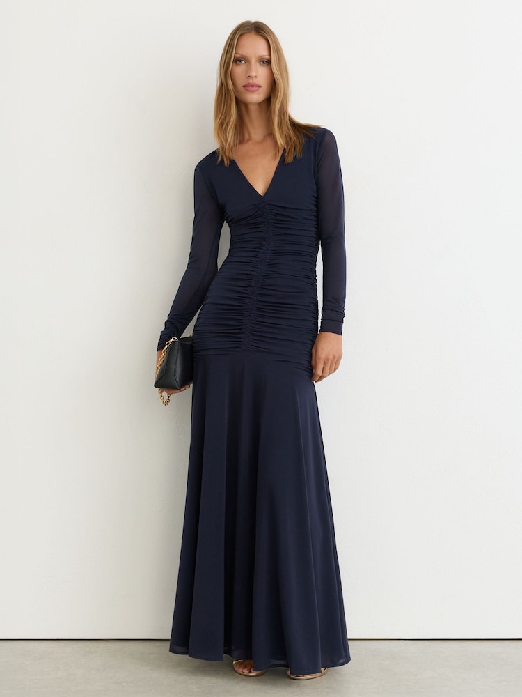Reiss Navy Cathy Ruched Mesh Long-Sleeve Maxi Dress - Image 1 of 9