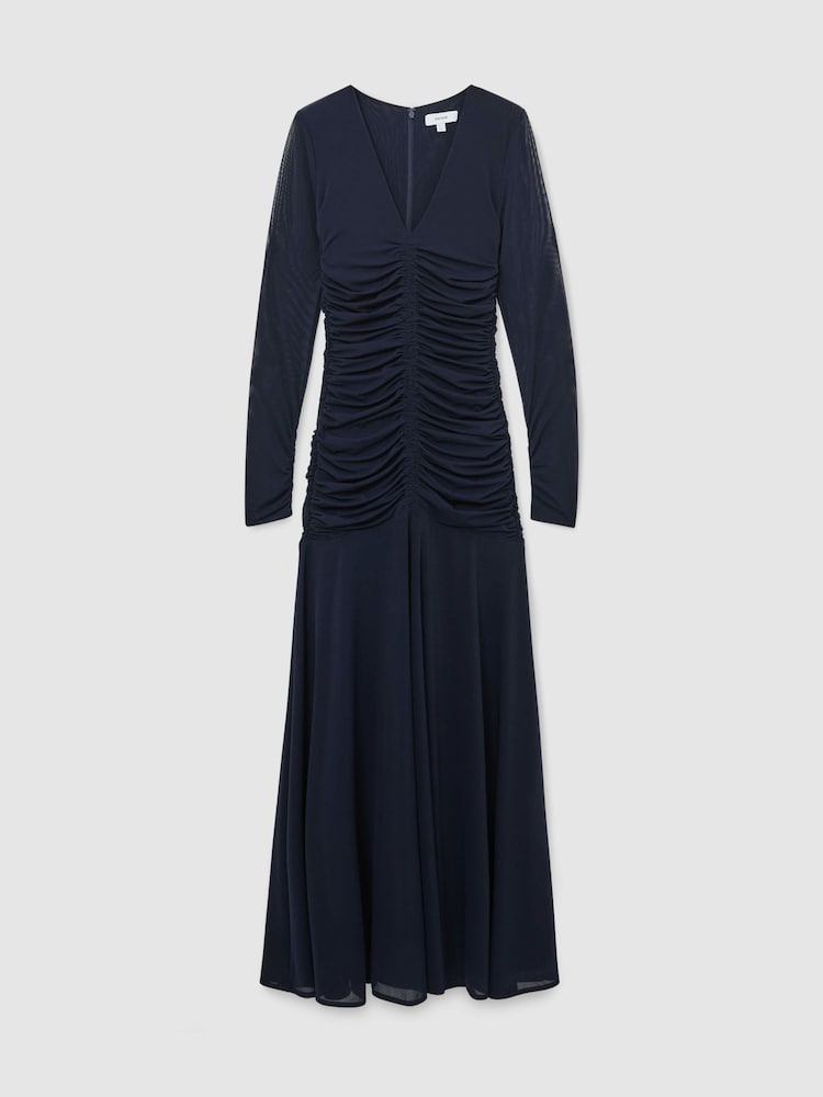 Reiss Navy Cathy Ruched Mesh Long-Sleeve Maxi Dress - Image 2 of 9