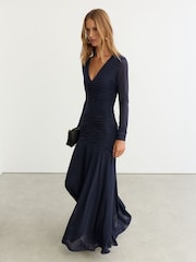 Reiss Navy Cathy Ruched Mesh Long-Sleeve Maxi Dress - Image 4 of 9