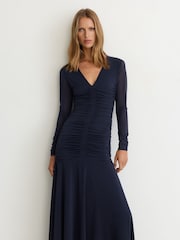 Reiss Navy Cathy Ruched Mesh Long-Sleeve Maxi Dress - Image 5 of 9