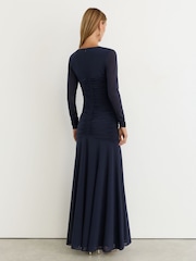 Reiss Navy Cathy Ruched Mesh Long-Sleeve Maxi Dress - Image 6 of 9