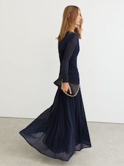 Reiss Navy Cathy Ruched Mesh Long-Sleeve Maxi Dress - Image 7 of 9