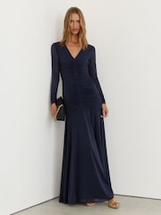 Reiss Navy Cathy Ruched Mesh Long-Sleeve Maxi Dress - Image 9 of 9