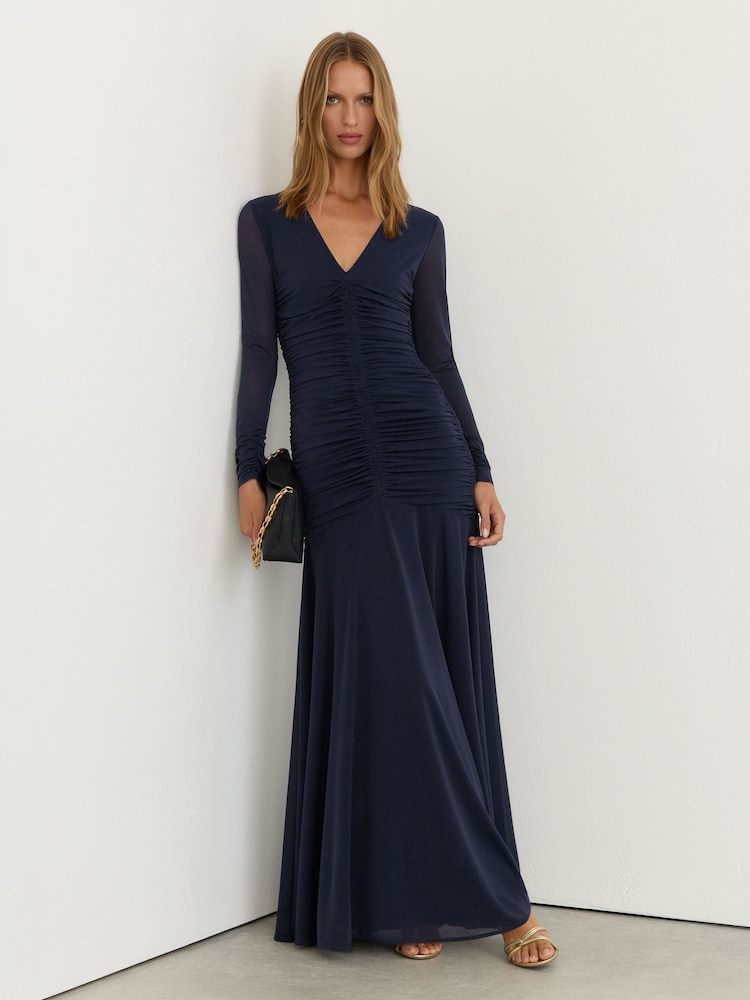 Reiss Navy Cathy Ruched Mesh Long-Sleeve Maxi Dress - Image 9 of 9