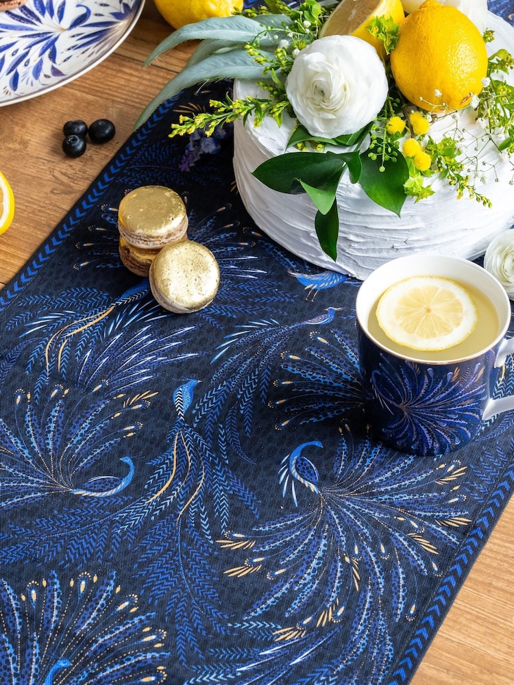 Sara Miller Blue Anniversary Peacock Parade Table Runner - Image 2 of 3 Sara Miller Blue Anniversary Peacock Parade Table Runner - Image 2 of 3