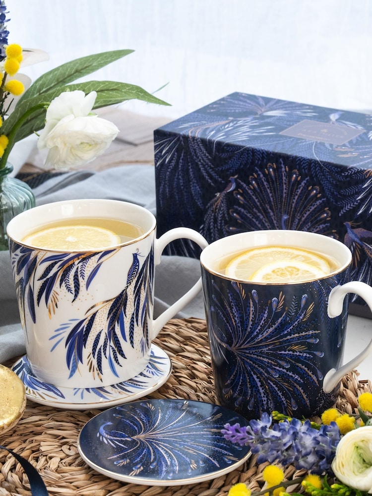 Sara Miller Set of 2 White Anniversary Mugs & Coaster Set - Image 2 of 3 Sara Miller Set of 2 White Anniversary Mugs & Coaster Set - Image 2 of 3