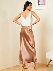 Love & Roses Rust Brown Satin Midaxi Skirt - Image 3 of 4