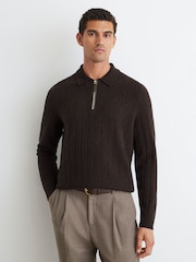 Marrón chocolate - Reiss Barstow Wool Stitch-Detail Half-Zip Polo Jumper - Imagen 1 de 6