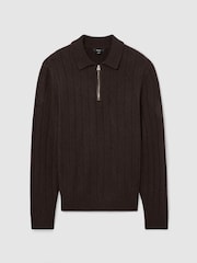 Marrón chocolate - Reiss Barstow Wool Stitch-Detail Half-Zip Polo Jumper - Imagen 2 de 6