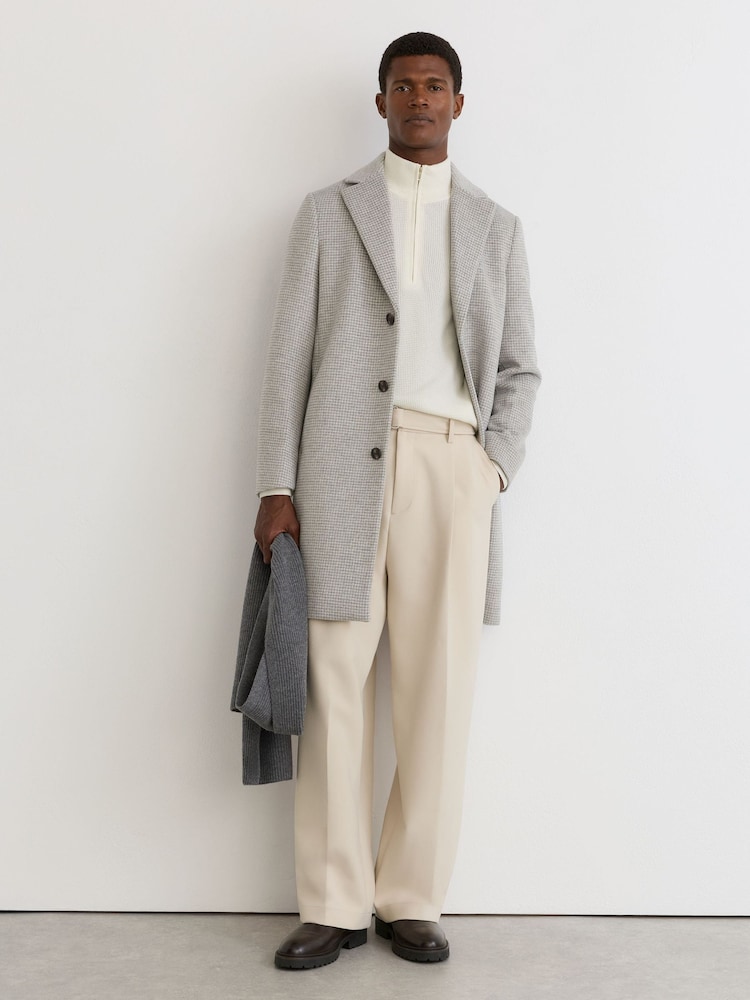 Reiss Soft Grey Dawn Wool-Blend Puppytooth Single-Breasted Overcoat - Image 1 of 9 Reiss Soft Grey Dawn Wool-Blend Puppytooth Single-Breasted Overcoat - Image 1 of 9