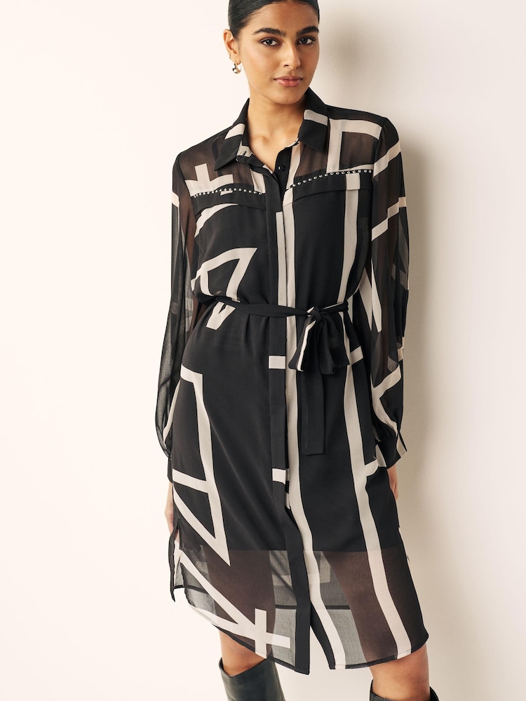 Schwarz/Weiß - Bedrucktes Hemdkleid mit Nieten auf der Brust - Bild 1 von 6 Schwarz/Weiß - Bedrucktes Hemdkleid mit Nieten auf der Brust - Bild 1 von 6