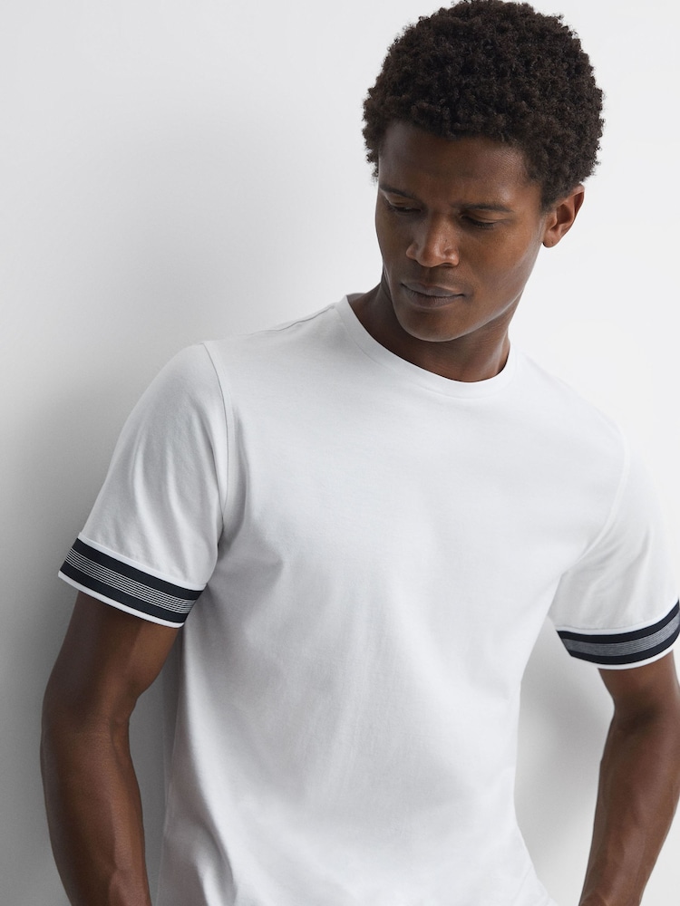 Reiss White Dune Mercerised Cotton Striped T-Shirt - Image 1 of 4