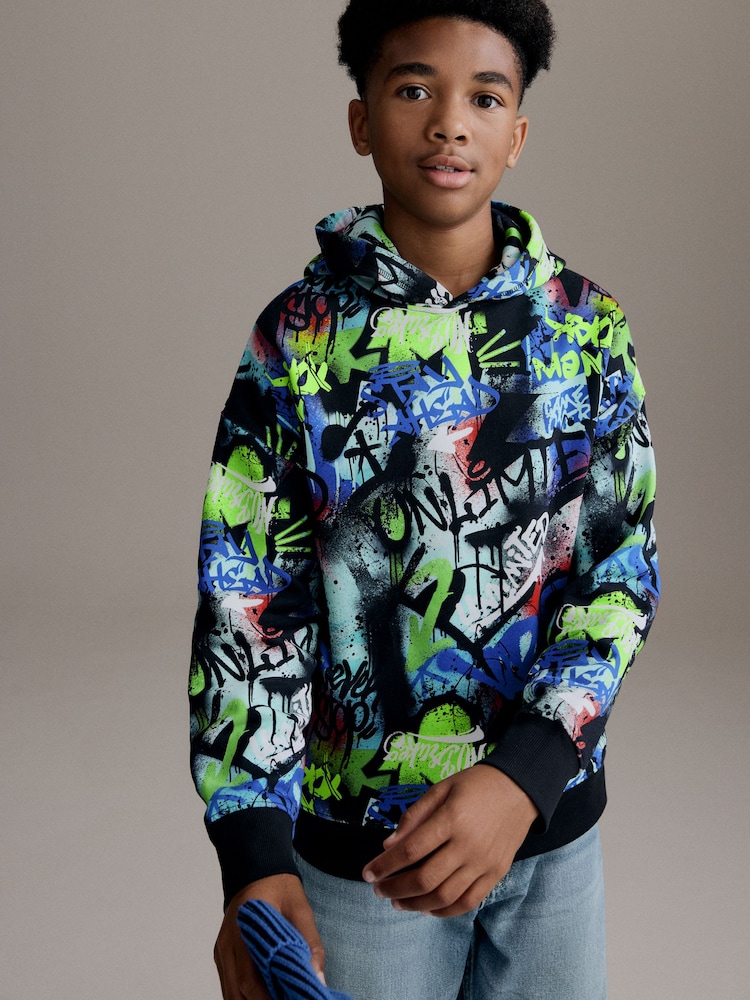 Multi 100% Cotton Graffiti Print Hoodie (3-16yrs) - Image 1 of 8