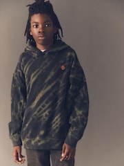 Dark Green Grunge Tie Dye 100% Cotton Hoodie (3-16yrs) - Image 1 of 7