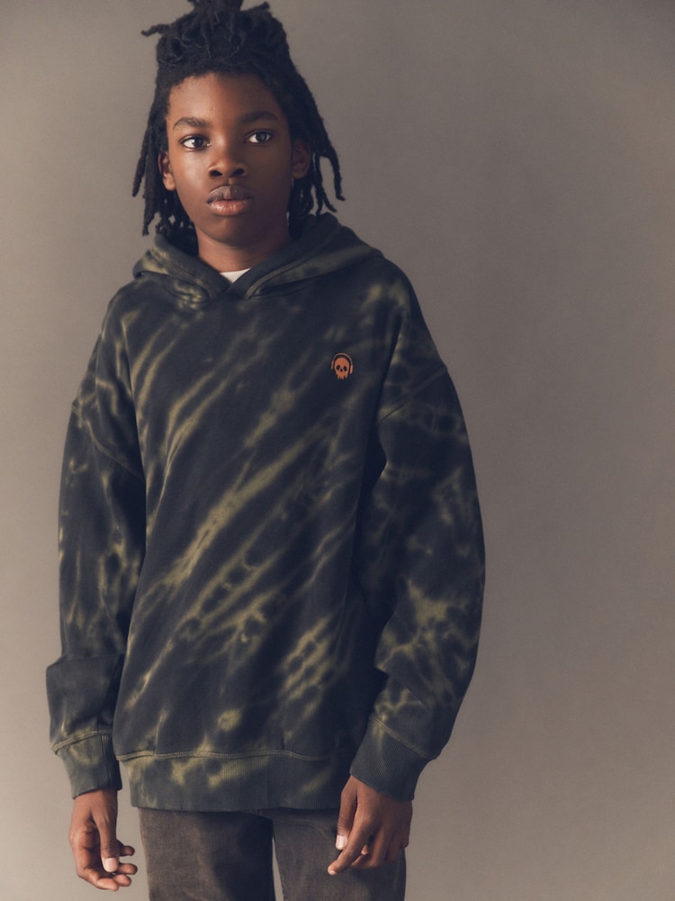 Dark Green Grunge Tie Dye 100% Cotton Hoodie (3-16yrs) - Image 1 of 7