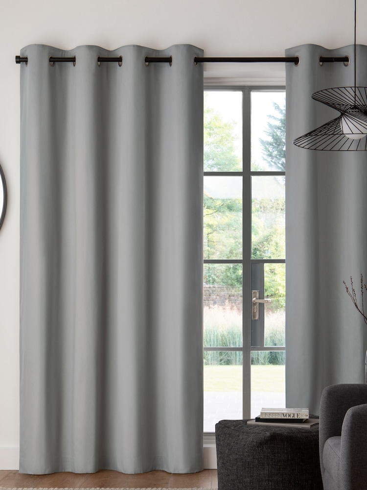 Grey Silver Blackout/Thermal Cotton Eyelet Curtains - Image 1 of 7