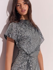 Lipsy Silver Sequin Knot Waist Side Split Fit And Flare Midi Dress - Image 2 of 5