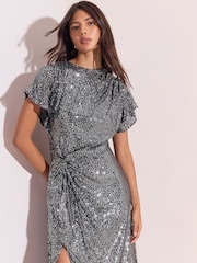 Lipsy Silver Sequin Knot Waist Side Split Fit And Flare Midi Dress - Image 3 of 5