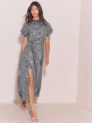 Lipsy Silver Sequin Knot Waist Side Split Fit And Flare Midi Dress - Image 4 of 5