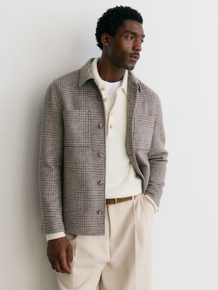 Reiss Brown Gano Check Wool-Blend Check Twin-Pocket Overshirt - Image 1 of 6 Reiss Brown Gano Check Wool-Blend Check Twin-Pocket Overshirt - Image 1 of 6