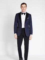 MOSS Blue Tailored Fit Navy Jaquard Tuxedo Jacket - Image 1 of 4