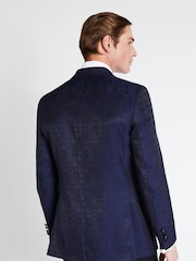 MOSS Blue Tailored Fit Navy Jaquard Tuxedo Jacket - Image 2 of 4