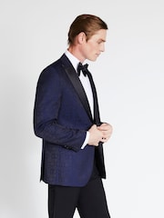 MOSS Blue Tailored Fit Navy Jaquard Tuxedo Jacket - Image 3 of 4