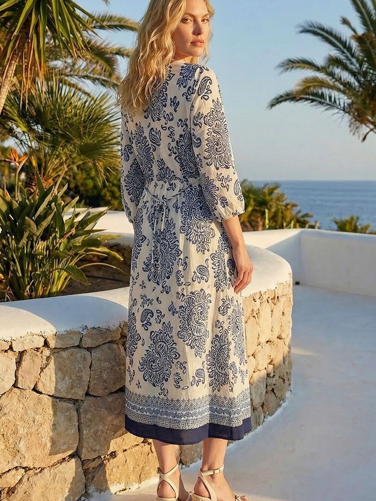 Roman Blue Border Print V-Neck Midi Dress - Image 2 of 3