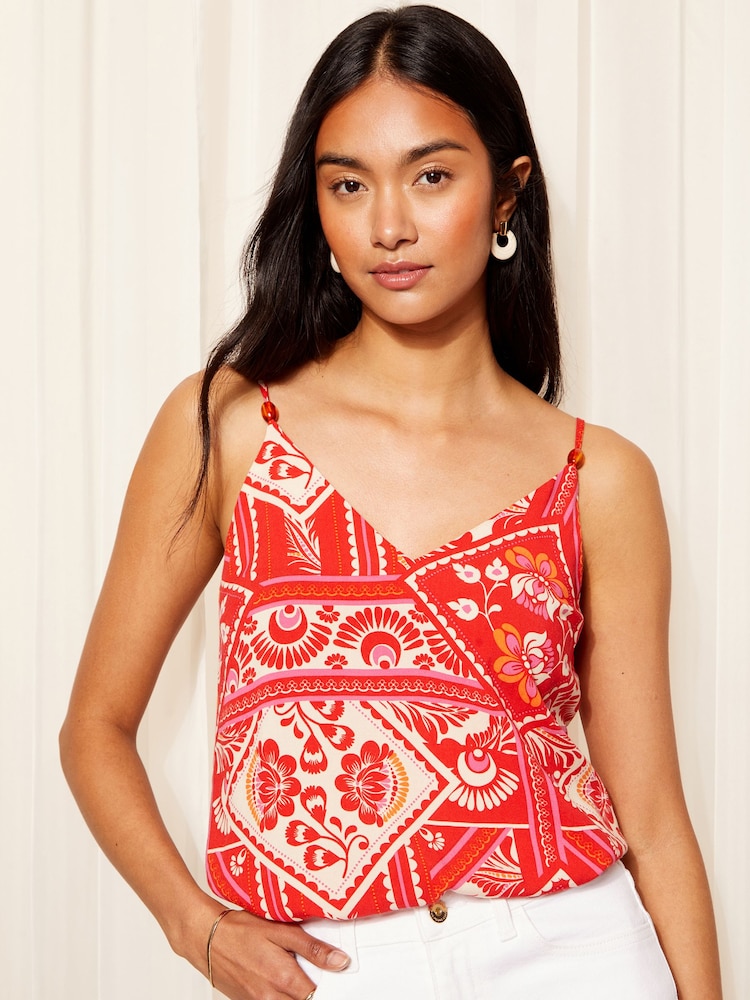 Friends Like These Pink Red Tile Print Strappy Cami Bead Detail Vest Top - Image 2 of 4