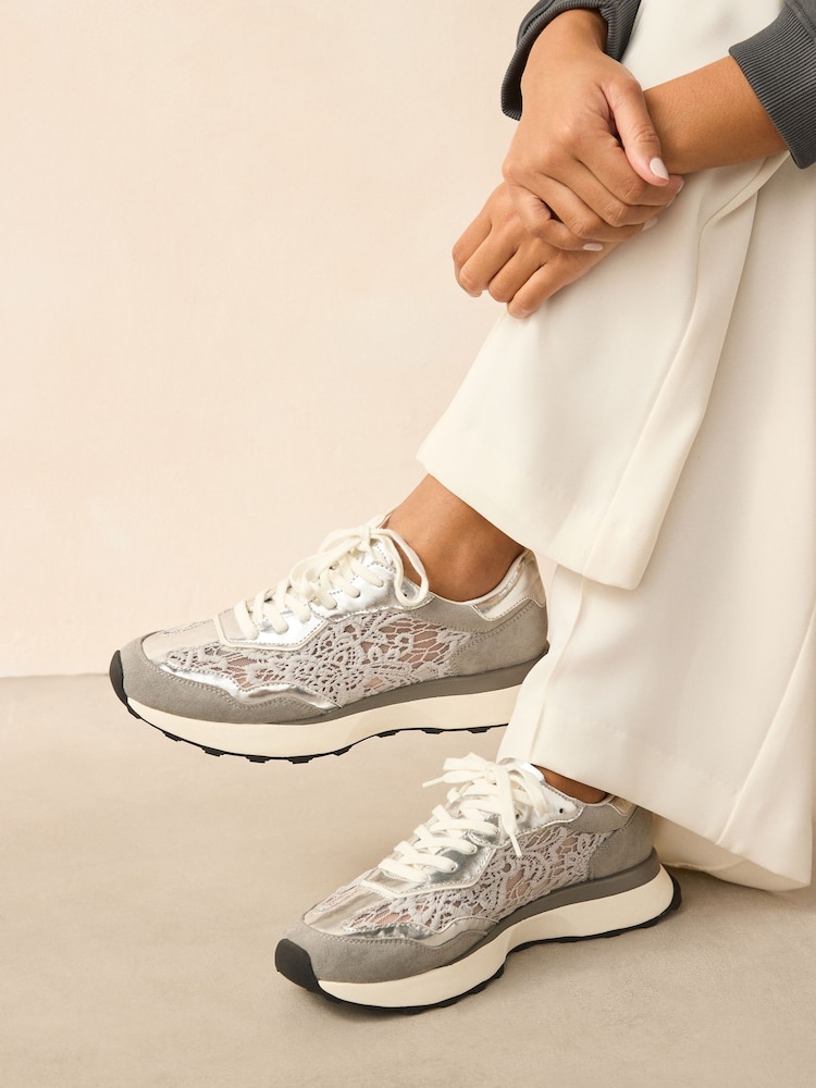 Серебряный - Print Forever Comfort® Chunky Sole Lace-Up Trainers - Image 1 of 3